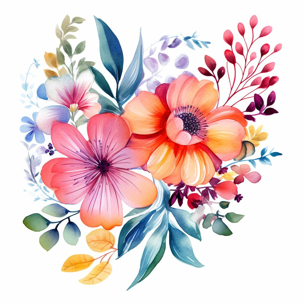 watercolor flowers with leaves on white background