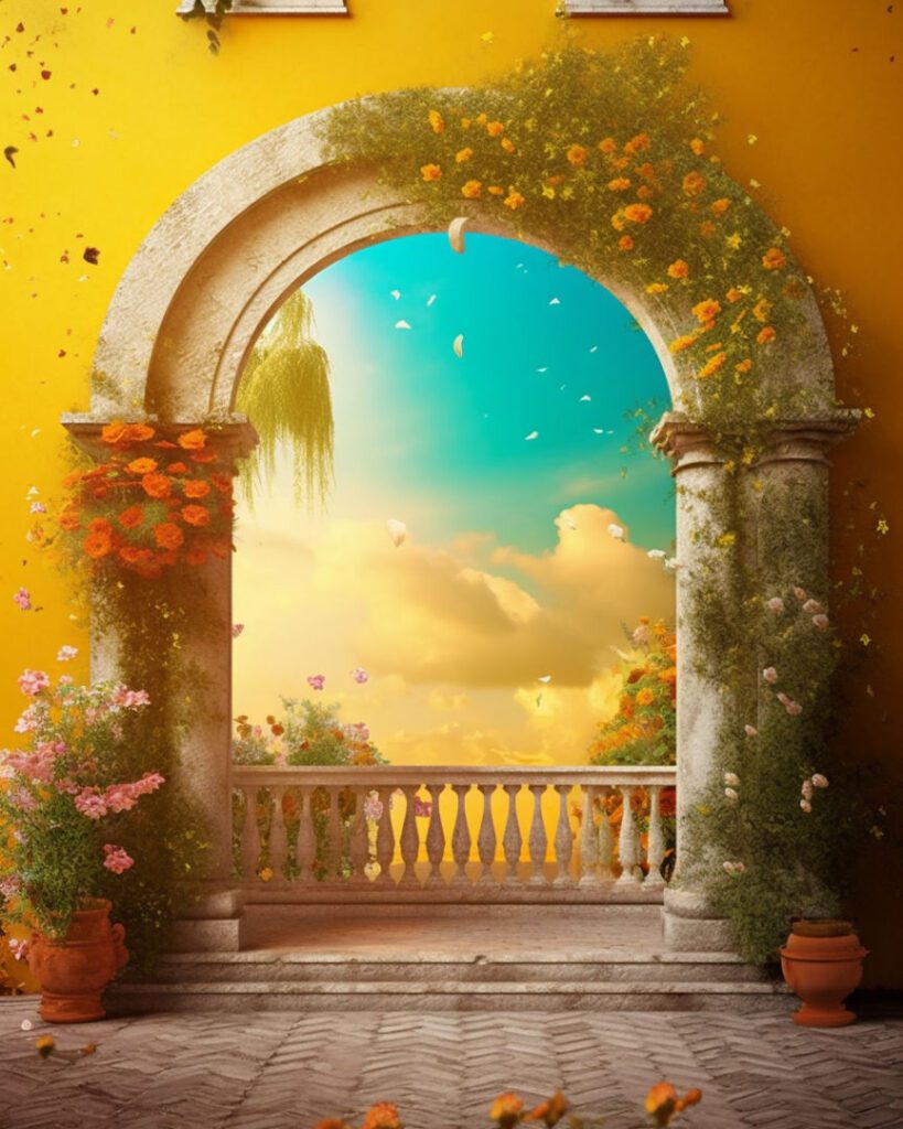 yellow wall with a stone archway