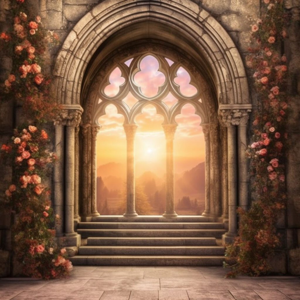 Rose bright sun rise stone arch background