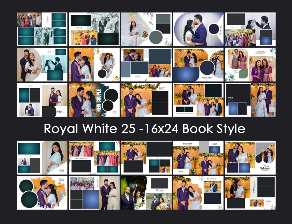 Royal White 25  Wedding Book PSD Templates 16×24, High-Res, Editable