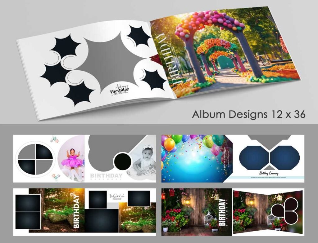 Birthday Album Template Kids Cartoon Celebration 12×36 PSD